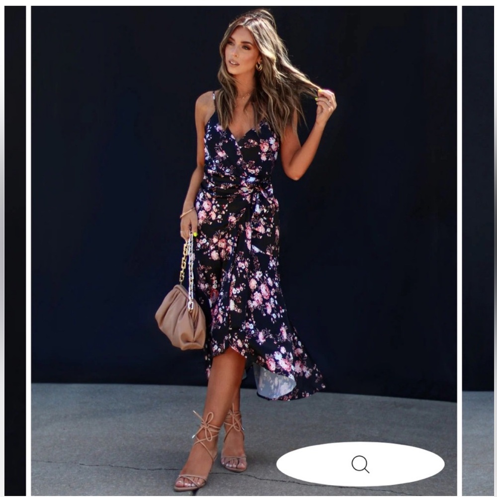 Black Floral Midi Dress with Pink & White Flowers